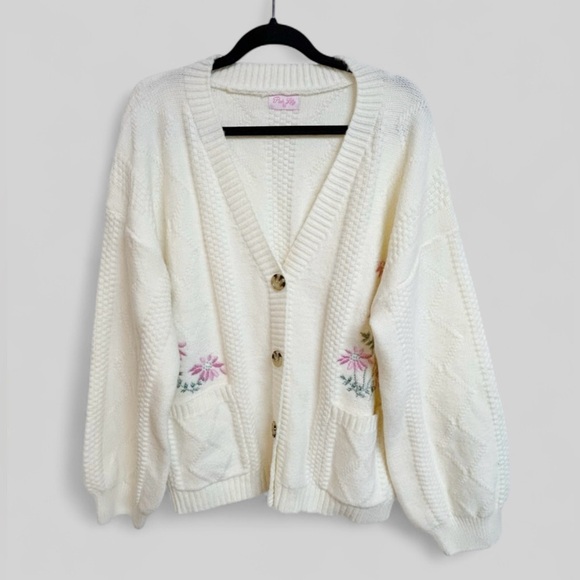 Pink Lily Floral Embroidered Button Up Bohemian Cardigan Cream Size 2X - Picture 2 of 9